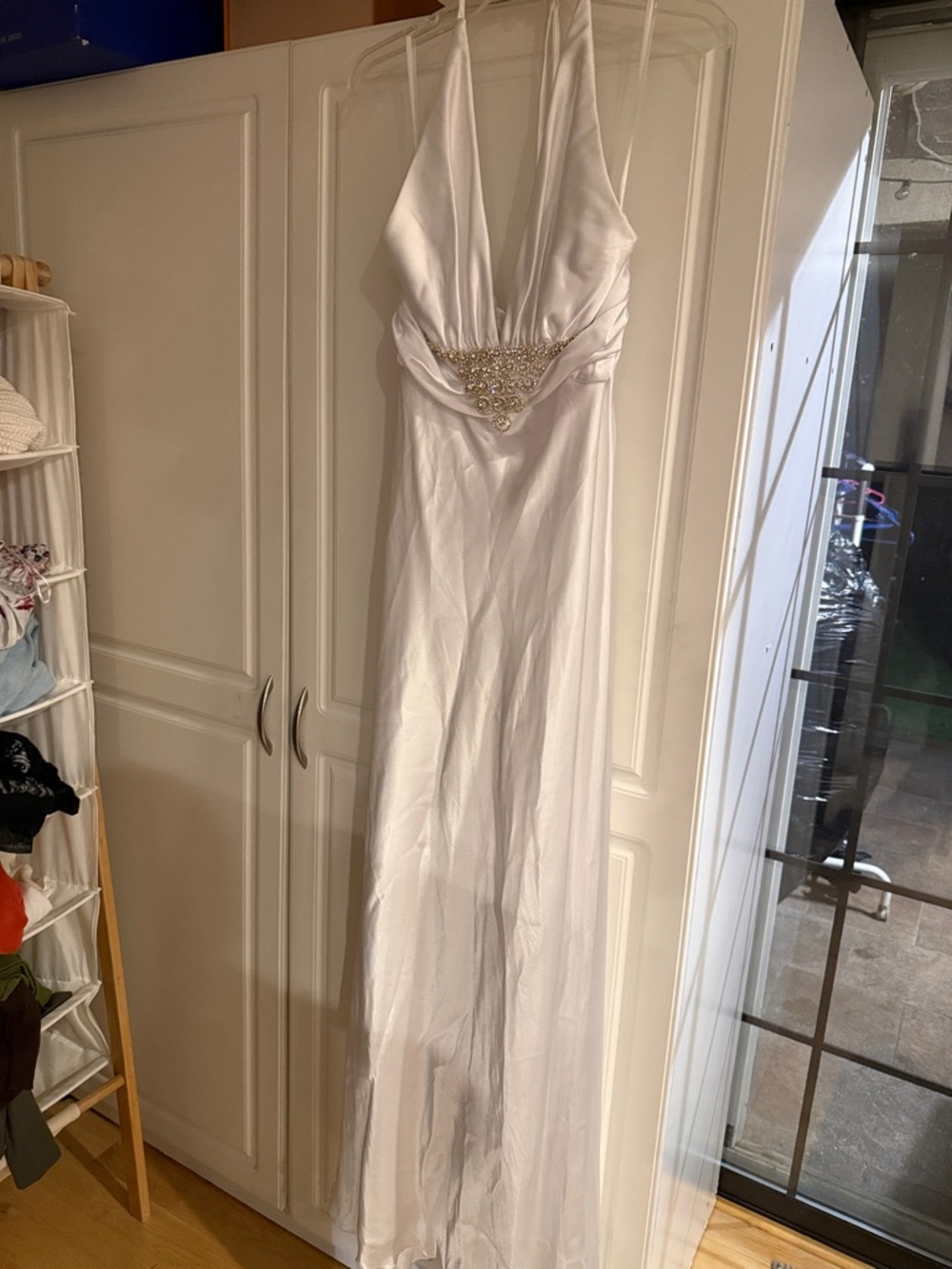 White Halter Evening Gown with Jeweled Accent